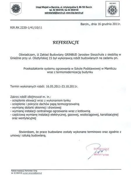 Referencja Urzędu Miasta w Barcinie