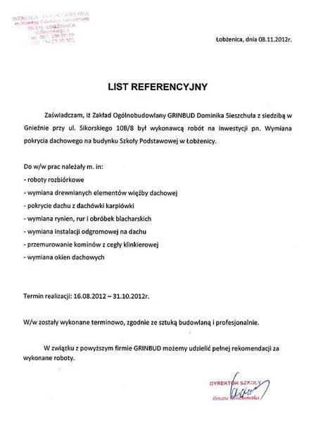 List Referencyjny Łobżenica